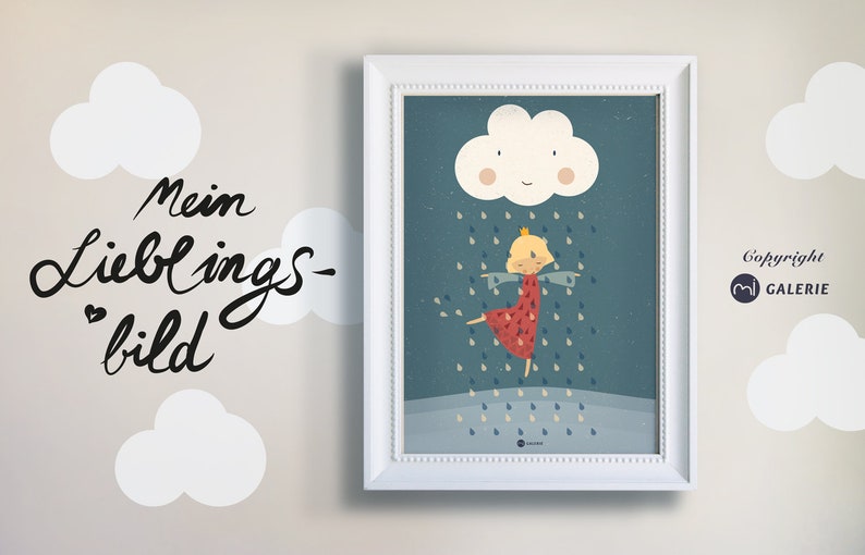 Poster, nursery picture, print, princess, girl, dancing in the rain, digital print image 1