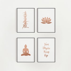 BUDDHISMO WALL ART Set of 4 Prints  Meditation Poster Gohonzon Decor  Lotus - Nam Myoho Renge Kyo - Buddha Rose Gold - Pink Wall Printables
