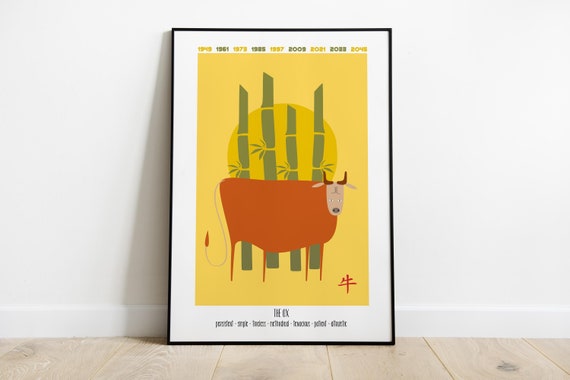 Year of the Ox Print – Retro Chinese Zodiac Art (Instant Download)
