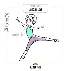 Könnte beinhalten: Eine Schwarz-Weiß-Zeichnung einer tanzenden Person. Die Person trägt ein türkisfarbenes Tanktop und eine lila Hose. Das Bild ist mit "PLOTTERDATEI  DANCING LOVE" und "KLEINER SPATZ" beschriftet.