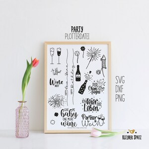 Pode incluir: Download digital em preto e branco de ilustrações com tema de festa, incluindo taças de vinho, garrafas, fogos de artifício e texto como "Wine Time", "Happy Birthday" e "Pop the Champagne".