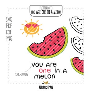 May include: A digital download of a printable design featuring a watermelon with a bite taken out of it and the text "You are one in a melon". The design is perfect for creating a fun and unique greeting card or for use in other crafting projects.