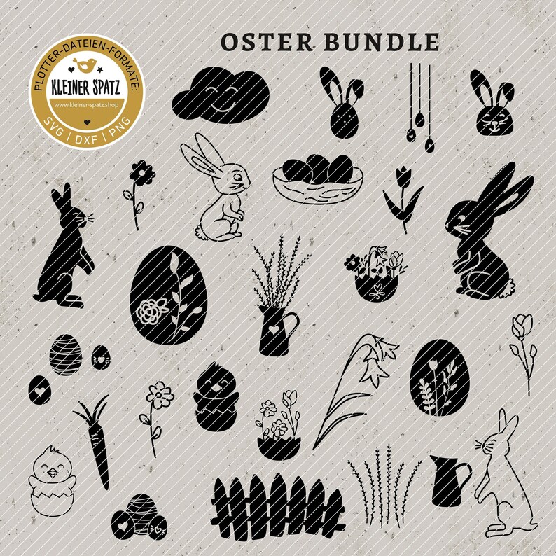 Puede incluir: Un paquete de clipart digital en blanco y negro con ilustraciones de tem&aacute;tica de Pascua. Las ilustraciones incluyen conejos, huevos, pollitos, flores y otros elementos de tem&aacute;tica primaveral. El texto "OSTER BUNDLE" est&aacute; en la parte superior de la imagen.