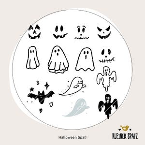 May include: Black and white Halloween themed clipart featuring ghosts, pumpkins, bats, and other spooky imagery. The text "Halloween Spaß" is at the bottom of the image.