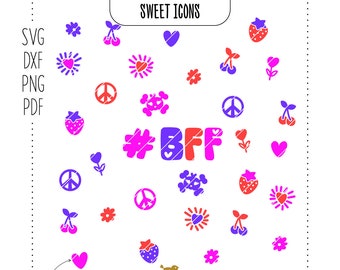 Plotterdatei "Sweet Icons" | Herz | Kirsche | BBF | Peace | Blümchen | Erdbeere | Girl-Skull | Schnittdatei | Plotten | dxf, svg, png, pdf