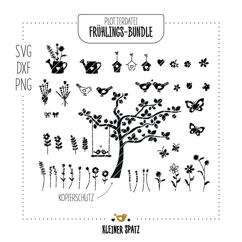 Peut inclure: Fichiers num&eacute;riques SVG, DXF et PNG sur le th&egrave;me du printemps en noir et blanc. Le motif comprend un arbre avec une balan&ccedil;oire, des oiseaux, des papillons, des fleurs, un arrosoir, un nichoir et un c&oelig;ur. Le texte "Plotterdatei Fr&uuml;hlings-Bundle" est en haut de l'image.
