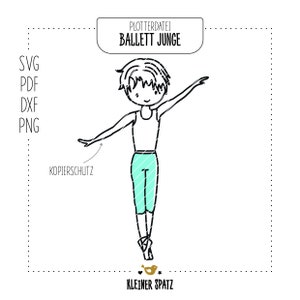 Könnte beinhalten: Schwarz-weiße Illustration eines Balletttänzers in anmutiger Pose. Der Tänzer trägt ein weißes Tanktop und türkisfarbene Leggings. Der Text "PLOTTERDATEI BALLETT JUNGE" und die Dateitypen SVG, PDF, DXF, PNG sind enthalten.