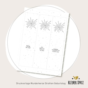 May include: Printable bookmark templates with a black and white starburst design. The text on the bookmarks reads "Happy Birthday", "Ein Hoch auf dich!" and "Herzlichen Glückwunsch zum Geburtstag".