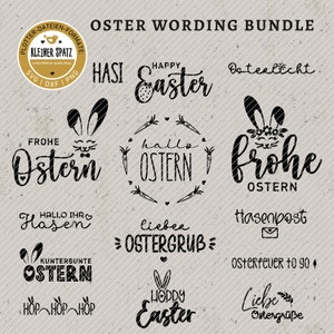 May include: A selection of black Easter-themed word art designs on a beige background. The phrases include "Happy Easter," "Frohe Ostern," and "Hallo Ostern," along with other Easter greetings. The designs feature bunny ears and carrot illustrations.