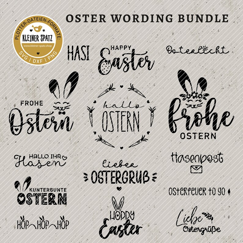 May include: A selection of black Easter-themed word art designs on a beige background. The phrases include "Happy Easter," "Frohe Ostern," and "Hallo Ostern," along with other Easter greetings. The designs feature bunny ears and carrot illustrations.