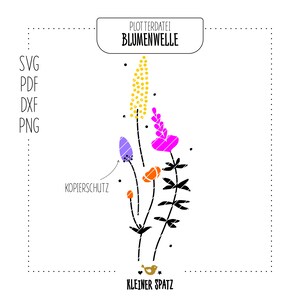 May include: A digital download of a floral design featuring a yellow, purple, pink, and orange flower with black stems and leaves. The design is labelled "Plotterdatei Blumenwelle" and "Kleiner Spatz".