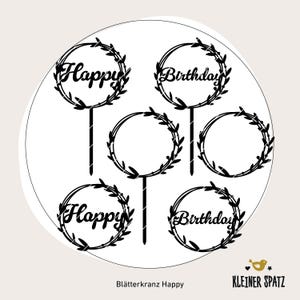Puede incluir: Silueta en blanco y negro de seis adornos para pasteles con un diseño de corona de hojas. Los adornos dicen "Happy" y "Birthday".
