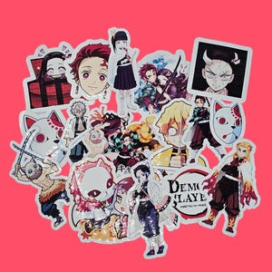 May include: A collection of colorful anime character stickers on a pink background. The stickers feature various characters with detailed facial expressions and outfits. Some stickers have text, including "Demon Slayer".