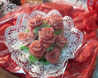 Strauß aus 8 roten Rosen aus sauerem Weingummi - vegan - handgemacht, lecker zum Muttertag, Hochzeitstagoder Geburtstag