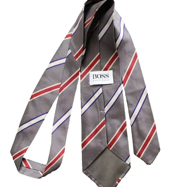 Retro Hugo Boss mens tie gray stripped silk