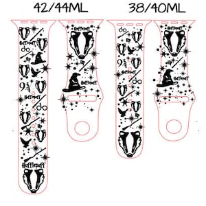 May include: White watch bands with black graphics. The bands feature a badger, a witch's hat, a wand, and the text "Hufflepuff". The bands are available in 42/44ML and 38/40ML sizes.