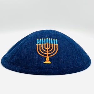 Hanukkah Kippah - Fun Denim Yarmulke with Embroidered Holiday Symbols