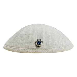 Hamsa Kippah - Unique Hand and Evil Eye Yarmulka available in Blue Denim and Beige Linen - Attract good fortune and luck to you
