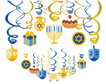 Foil Swirl Hanukkah Decorations - 25 Piece PVC Foil Swirls with Multicolor Paper Stock Images of Holiday Symbols