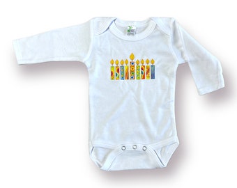 All sizes Baby long Sleeve Hanukkah Colorful menora Onesies Crew Neck PolyCotton blend Hanukkah decoration baby Hanukkah outfit