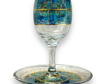 Marc Chagall Inspired Blue Shabbat Kiddush Glass with Plate - Hadarya Design for Shabbat and Yom Tov