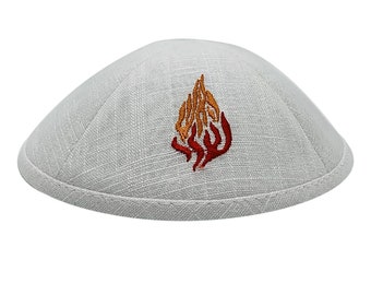 HaEsh Sheli Kippah - Breslev Linen Yarmulke with Embroidered My Flame Design - Black White Beige