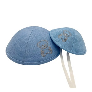 Father and Son Kippot - teddy bear Matching Embroidered Linen Yarmulkes