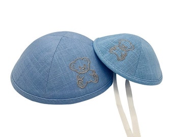 Father and Son Kippot - teddy bear Matching Embroidered Linen Yarmulkes