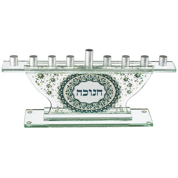 Glass Menorah 19.5 Cm, Floral Design hanukkah festive decoration for jewish holiday