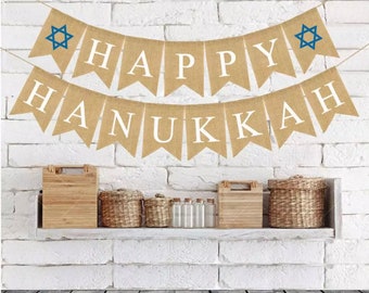 Rustic Hanukkah Banner - Natural Jute Happy Hanukkah Flag Banner for Holiday Celebration