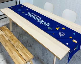 Hanukkah Confetti Table Runner - White Cotton Linen Blend with Colorful Printed Holiday Symbols