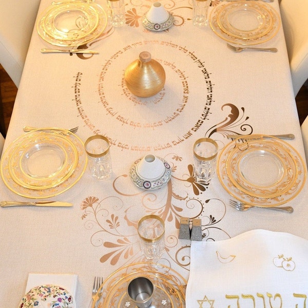 Shalom Aleichem Tablecloth - Linen Cotton Blend with Printed Hebrew Text and Swirl Designs - Multiple Sizes Available - Machine Washable