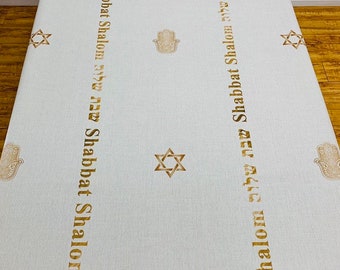 Shabbat Shalom Tablecloth - Ivory Linen Cotton Blend with Printed Hebrew and English Text Design in Multiple Colors - Machine Washable