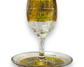 Marc Chagall Inspired Yellow Shabbat Kiddush Glass with Plate - Hadarya Design for Shabbat and Yom Tov