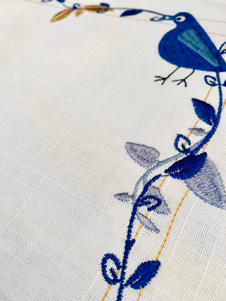 The Blue Bird Tablecloth Embroidered on pure white Linen. Etsy