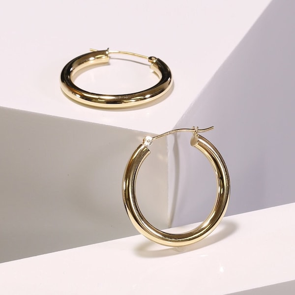 14K Gold Classic Hoop Earrings, Solid 14k Yellow and White Gold Lightweight Hoops, Bold and Classy 3mm Design