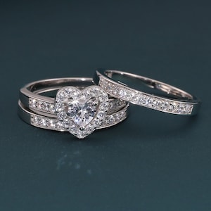 Exquisite Sterling Silver Heart Ring, Bridal Engagement Style Jewelry for Women, Anniversary Stacking Ring Set