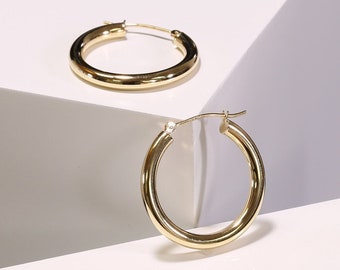 14K Gold Classic Hoop Earrings, Solid 14k Yellow and White Gold Lightweight Hoops, Bold and Classy 3mm Design