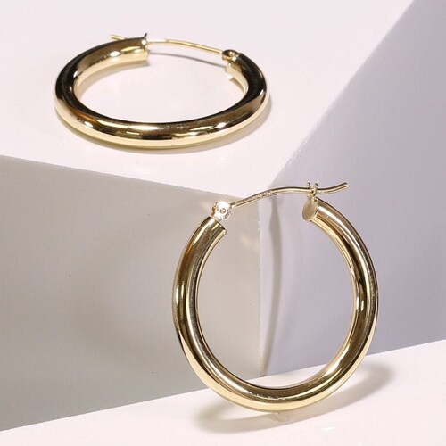 14K Gold Classic Hoop Earrings, Solid Yellow Gold Chunky and Lightweight Shiny Hoops, 3mm Tube Thickness