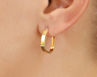 14k Gold Oval Hoop Earrings, Comfortable and Lightweight Rectangular Hoops, 14 Karat Yellow Gold