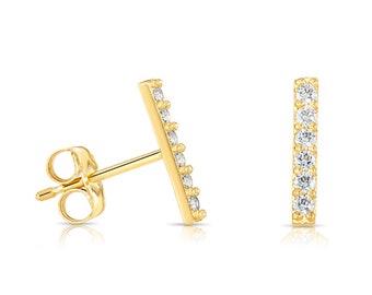 14K Gold Bar Stud Earrings, Minimal Style Petite and Dainty Bar Studs, 14 Karat Solid Gold and Cubic Zirconia