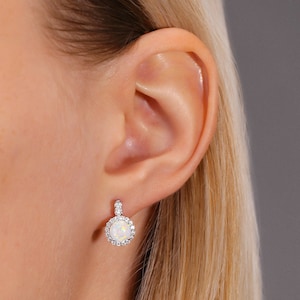 Round Fire Opal Stud Earrings, CZ Halo in Sterling Silver