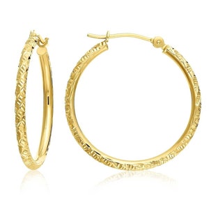 14K Gold Tornado Hoop Earrings, TILO Special Hand Engraved Designer Hoops, 14K SOLID GOLD