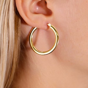 14K Yellow Gold Hoop Earrings, New Shiny Flat Tube Design, Real Handmade Gold Hoops, By TILO Jewelry