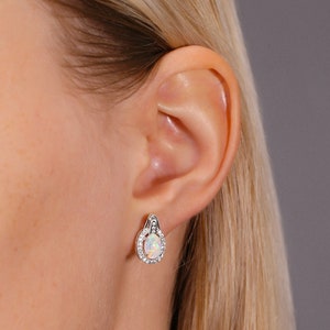 Oval Fire Opal Stud Earrings, CZ Halo in Sterling Silver, Secure Pushback Earrings, By TILO Jewelry