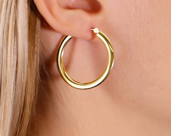 SOLID 14K Yellow Gold Hoop Earrings, New Shiny Flat Tube Design, Real Handmade Gold Hoops, By TILO Jewelry