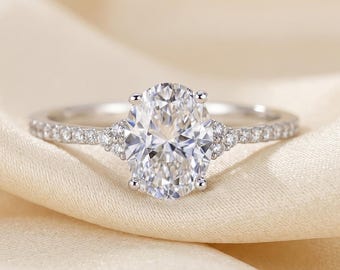14K White Gold Oval-Shaped Solitaire Engagement Ring With Side Stones, 1.5 Carats Oval Simulated Diamond Ring, By TILO Jewelry