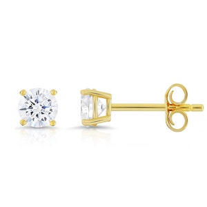 Sterling Silver Solitaire Stud Earrings with Pushback Butterfly Backings, Solid Sterling Silver with Yellow Gold Plating
