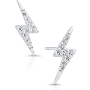 Lightning Bolt Stud Earrings in Sterling Silver, Dainty Thunderbolt with CZ, Unisex