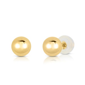 14K Yellow Gold Ball Stud Earrings, Silicone Covered Gold Push Backings 3mm, 4mm, 5mm, 6mm, 7mm, 8mm, Sleeper earrings, Unisex